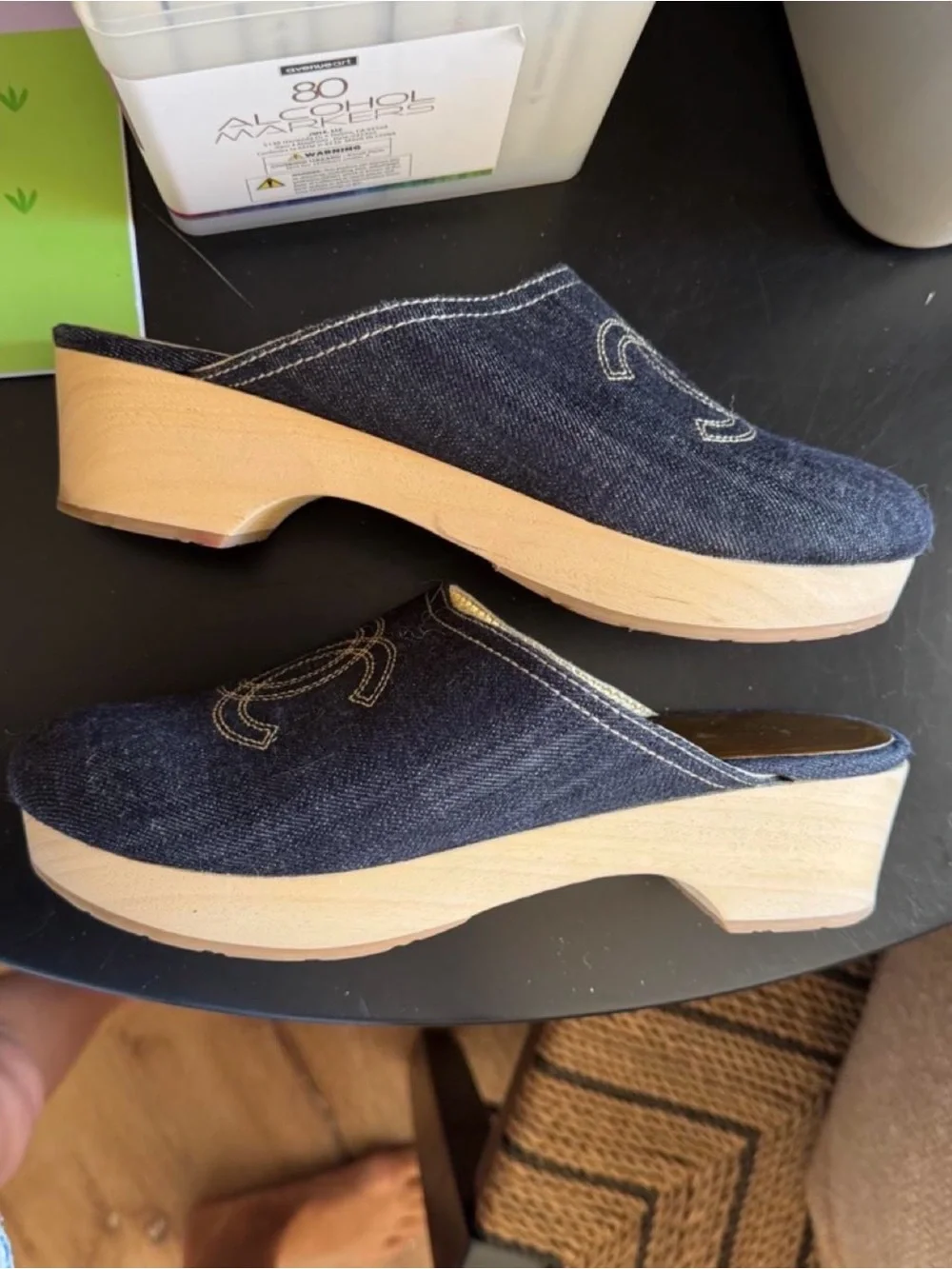 CHANEL Black Denim Logo Slip-On Mules